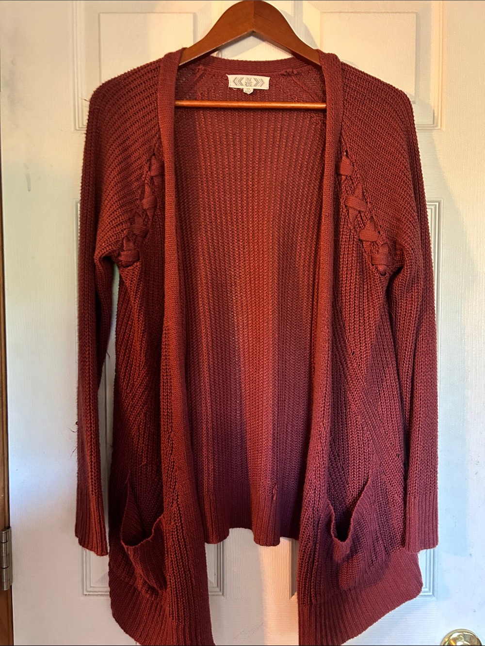 Pink Rose Brick Red Open-Front Knit Cardigan